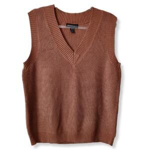 Brown Ribbed Women V Neck Sweater Vest M Academia Neutral Minimalist Classic